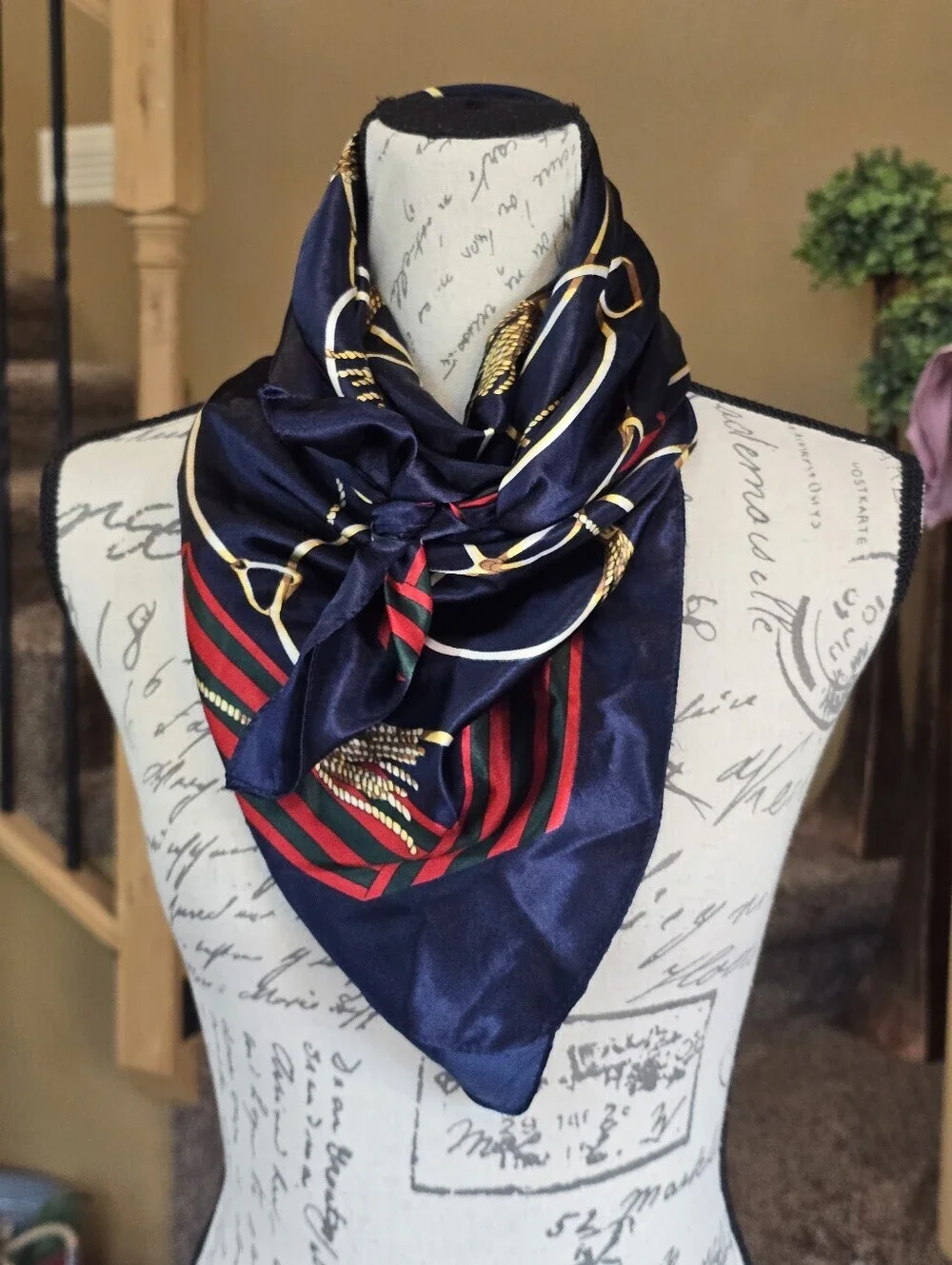 Equestrian Pattern Navy Blue Red Gold  Square Fashion Scarf